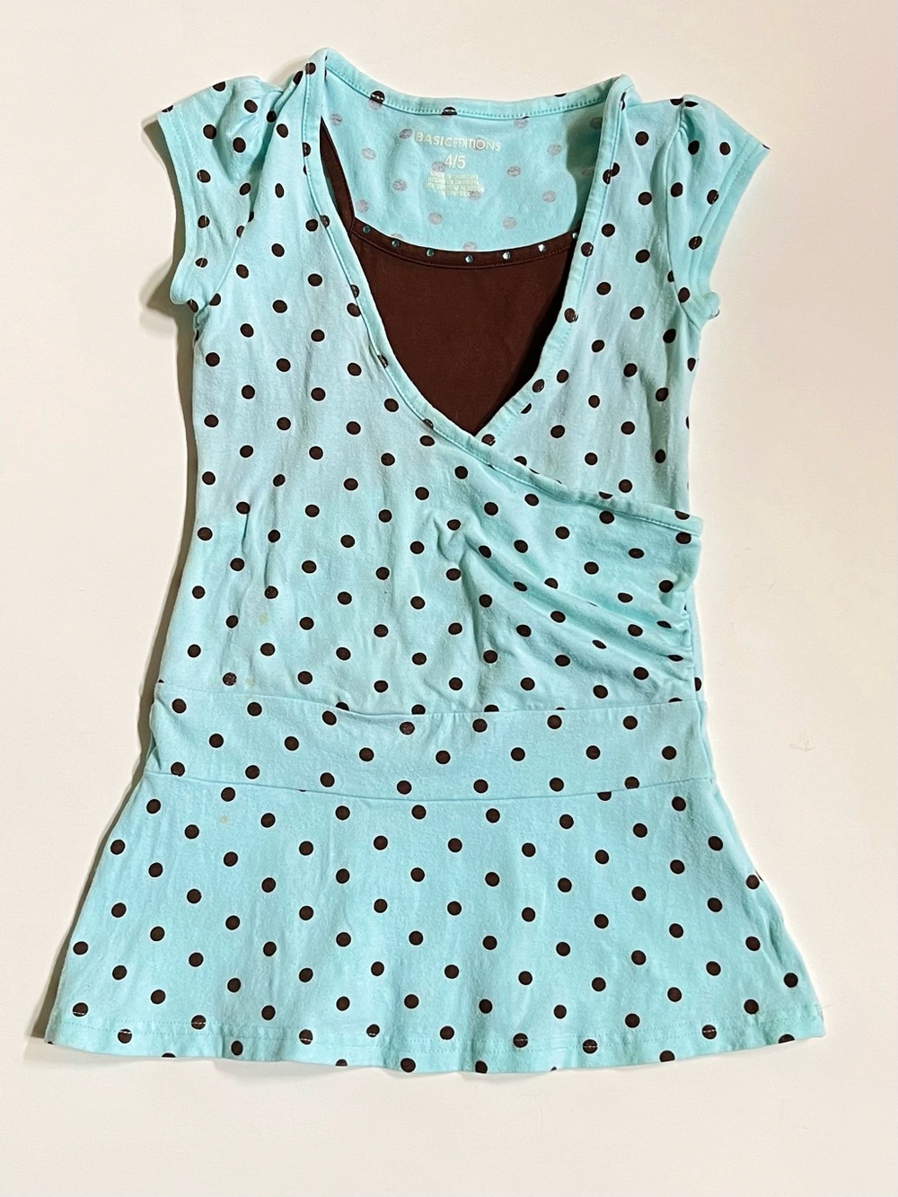 Short sleeve top turquoise & brown Polka Dot faux tank insert sz 4/5
